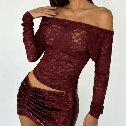 Elegant Lace Off-Shoulder Slim Crop Top & Sequin Ruched Mini Skirt