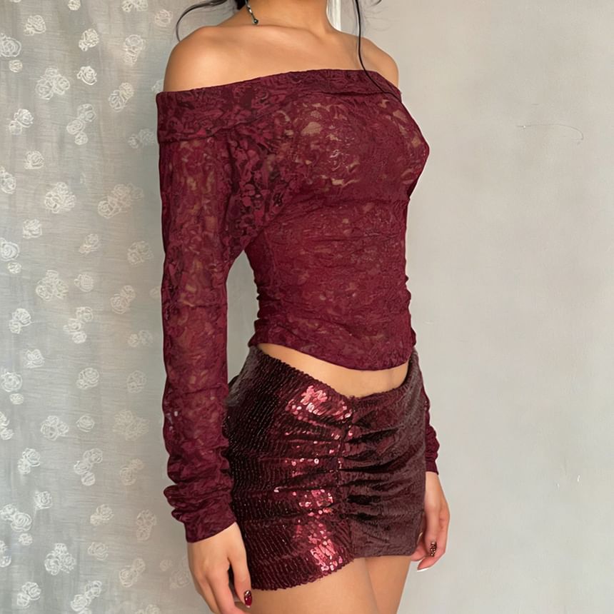 Elegant Lace Off-Shoulder Slim Crop Top & Sequin Ruched Mini Skirt