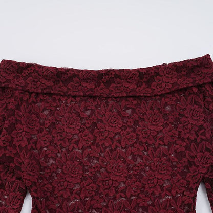 Elegant Lace Off-Shoulder Slim Crop Top & Sequin Ruched Mini Skirt
