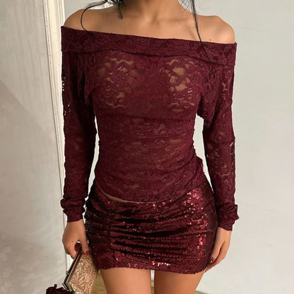 Elegant Lace Off-Shoulder Slim Crop Top & Sequin Ruched Mini Skirt