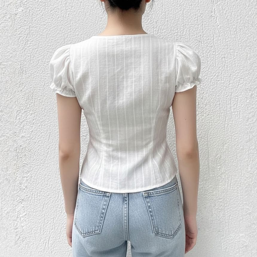 Chic Puff-Sleeve V-Neck Tie Front Plain Crop Blouse