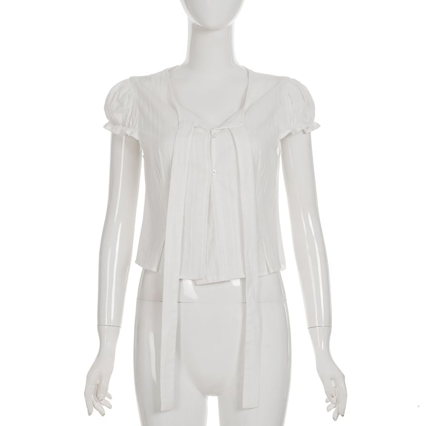 Chic Puff-Sleeve V-Neck Tie Front Plain Crop Blouse