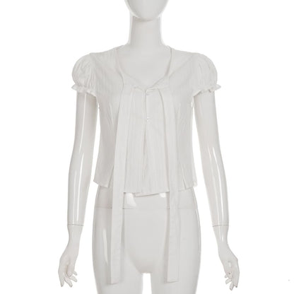 Chic Puff-Sleeve V-Neck Tie Front Plain Crop Blouse