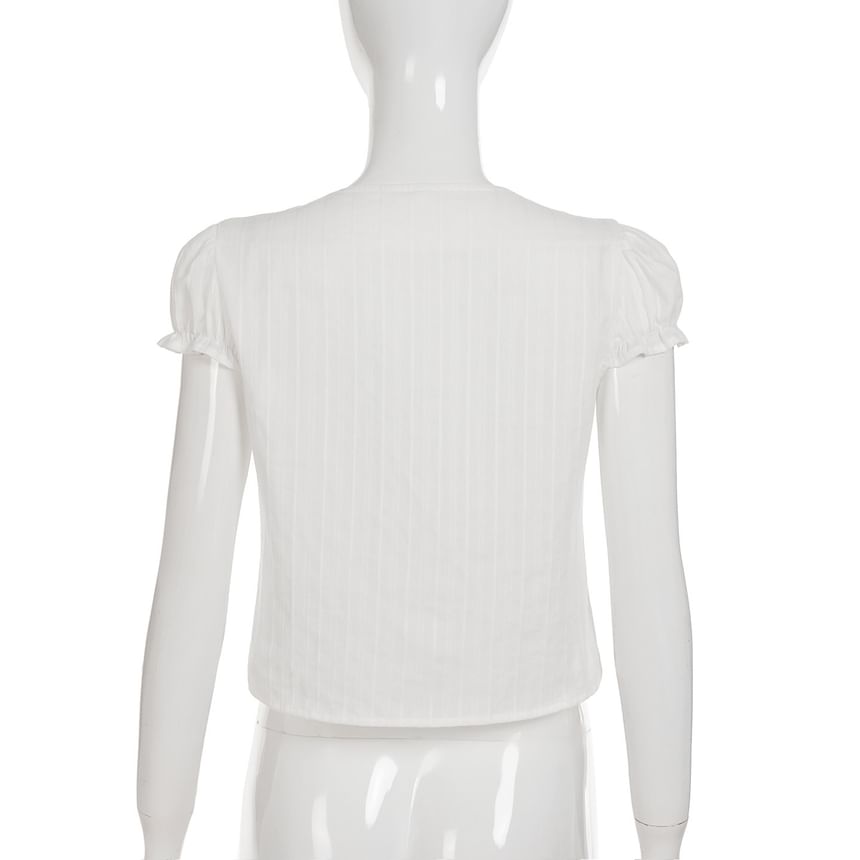 Chic Puff-Sleeve V-Neck Tie Front Plain Crop Blouse