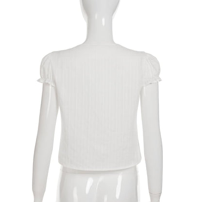 Chic Puff-Sleeve V-Neck Tie Front Plain Crop Blouse