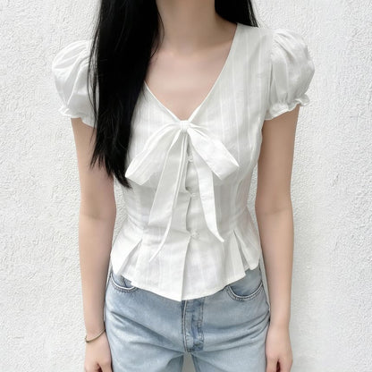 Chic Puff-Sleeve V-Neck Tie Front Plain Crop Blouse