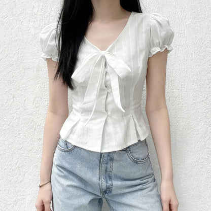 Chic Puff-Sleeve V-Neck Tie Front Plain Crop Blouse