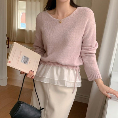 Ruffle Crew Neck Long-Sleeve Knit Crop Top