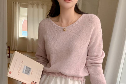 Ruffle Crew Neck Long-Sleeve Knit Crop Top