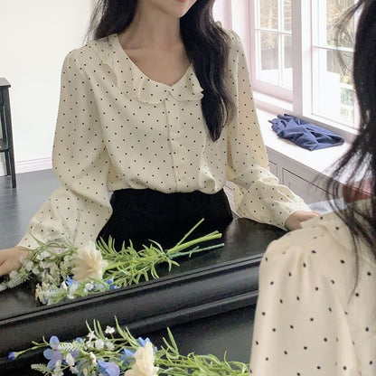 Ruffled Polka Dot Long-Sleeve Blouse