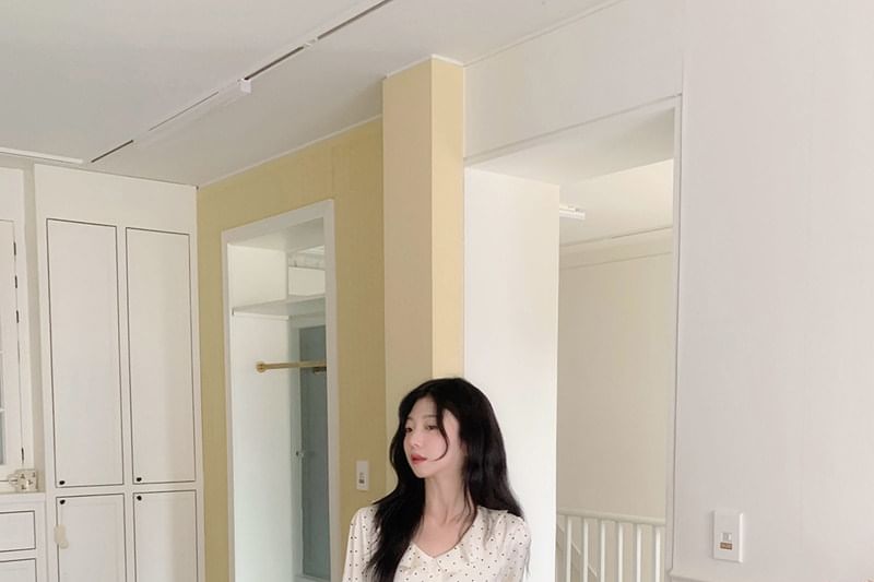 Ruffled Polka Dot Long-Sleeve Blouse