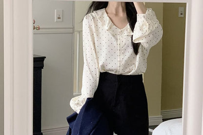 Ruffled Polka Dot Long-Sleeve Blouse