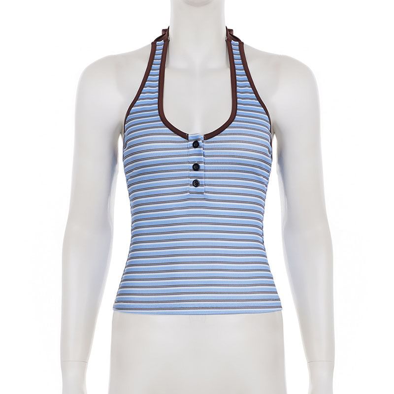 Striped Halter Neck Crop Tank Top