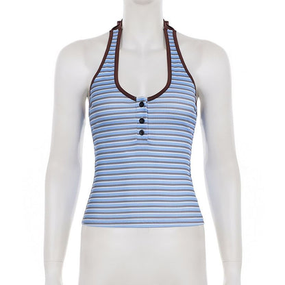Striped Halter Neck Crop Tank Top