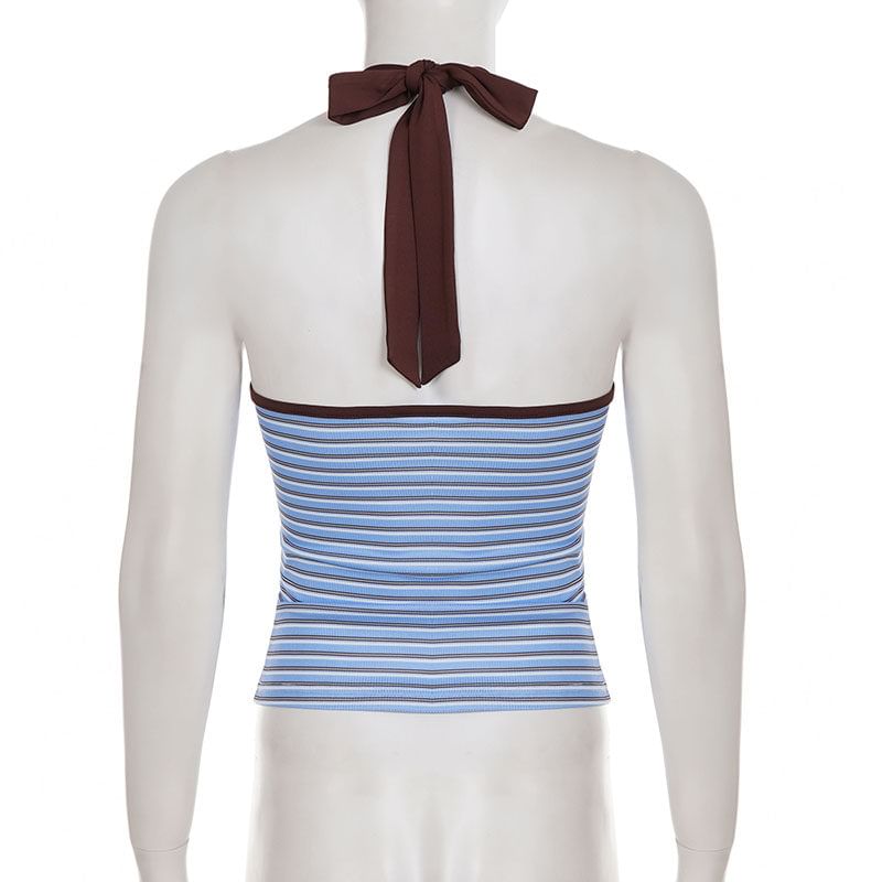 Striped Halter Neck Crop Tank Top