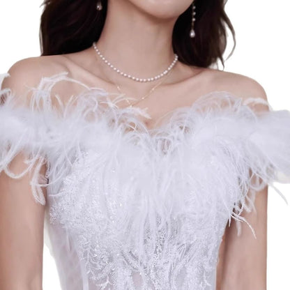 Sleeveless Off Shoulder Plain Embroidered Feather Trim High-Low Mesh A-Line Wedding Gown