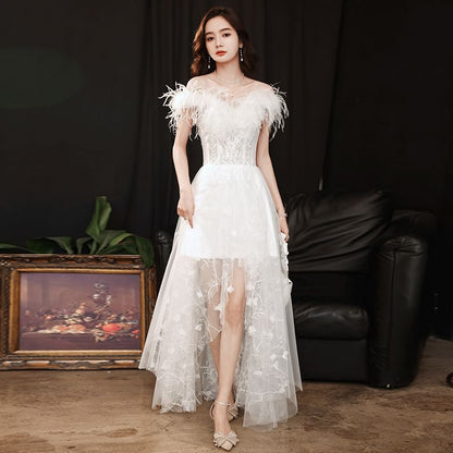Sleeveless Off Shoulder Plain Embroidered Feather Trim High-Low Mesh A-Line Wedding Gown