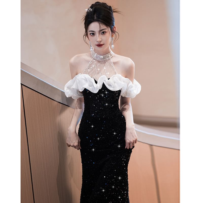 Sleeveless Cold Shoulder Sequin Panel Mesh Trumpet Evening Dress