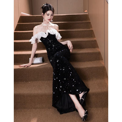 Sleeveless Cold Shoulder Sequin Panel Mesh Trumpet Evening Dress