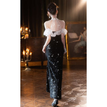 Sleeveless Cold Shoulder Sequin Panel Mesh Trumpet Evening Dress