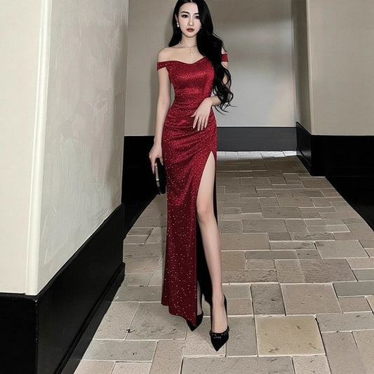 Off Shoulder Glitter Ruched Slit Sheath Evening Gown