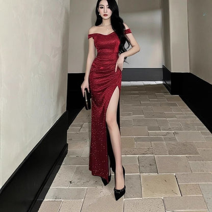 Off Shoulder Glitter Ruched Slit Sheath Evening Gown