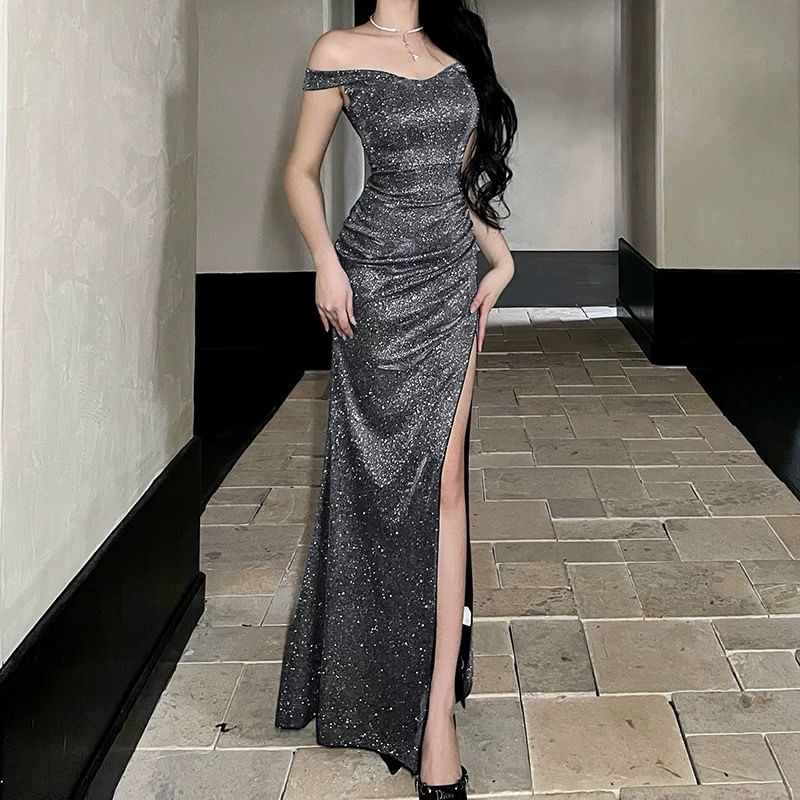 Off Shoulder Glitter Ruched Slit Sheath Evening Gown