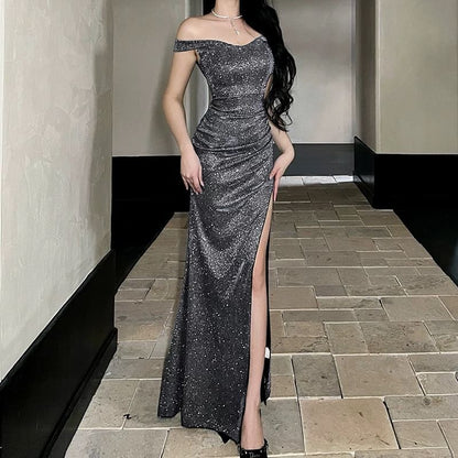 Off Shoulder Glitter Ruched Slit Sheath Evening Gown