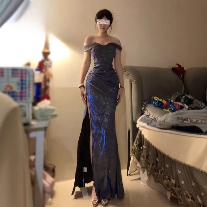 Off Shoulder Glitter Ruched Slit Sheath Evening Gown