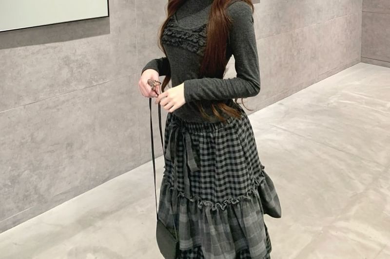 Gingham Tiered Midi A-Line Skirt Set with Tee & Frill Camisole