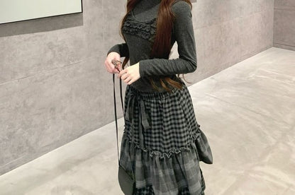 Gingham Tiered Midi A-Line Skirt Set with Tee & Frill Camisole