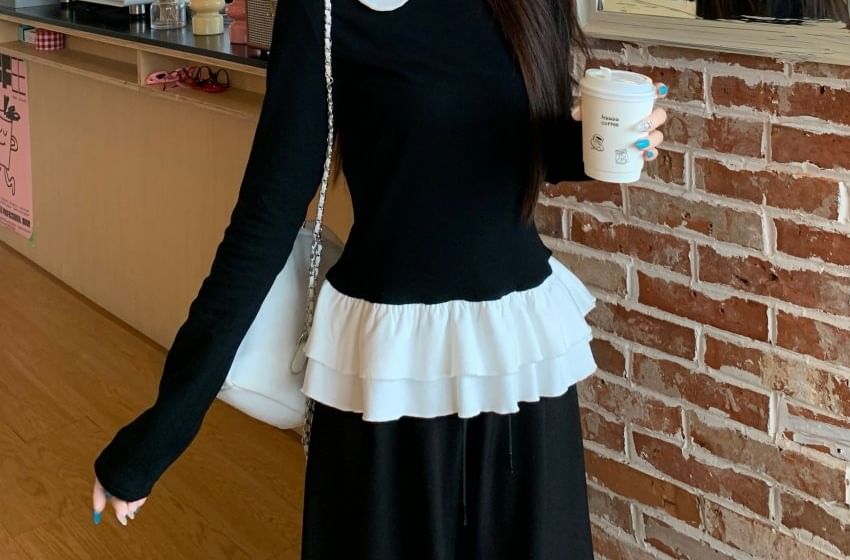 Peter Pan Collar Ruffle Hem Tee