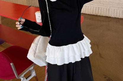 Peter Pan Collar Ruffle Hem Tee