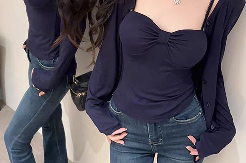 Plain Crop Camisole with Cardigan Set