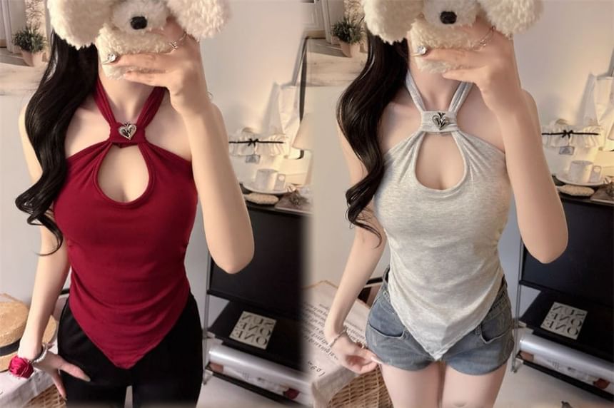 Cutout Halter Neck Plain Crop Top