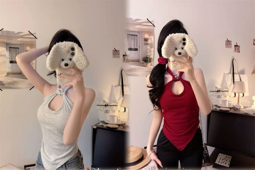 Cutout Halter Neck Plain Crop Top