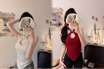 Cutout Halter Neck Plain Crop Top