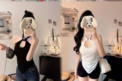 Cutout Halter Neck Plain Crop Top