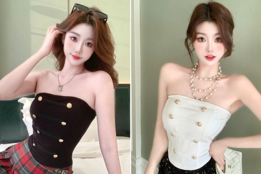 Double-Breasted Plain Crop Tube Top