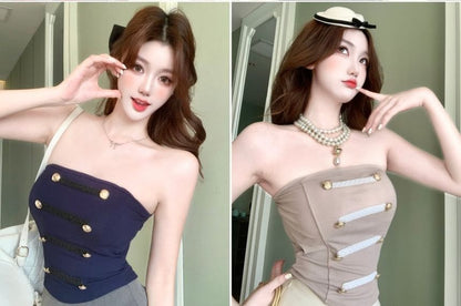Double-Breasted Plain Crop Tube Top