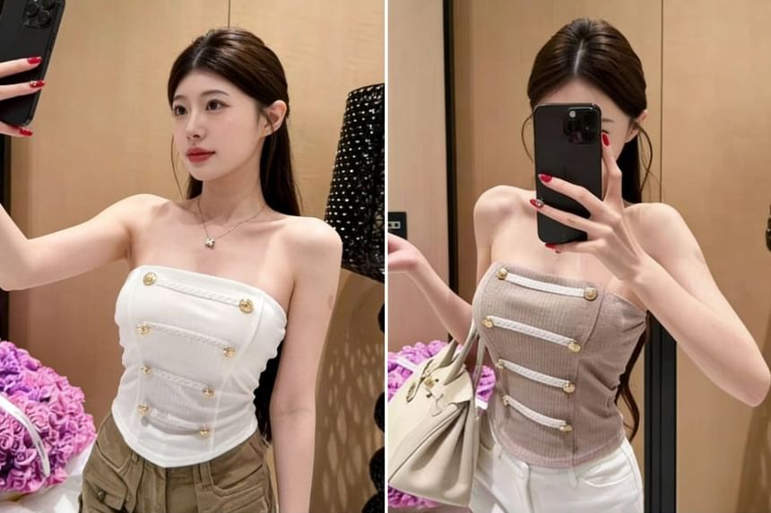 Double-Breasted Plain Crop Tube Top