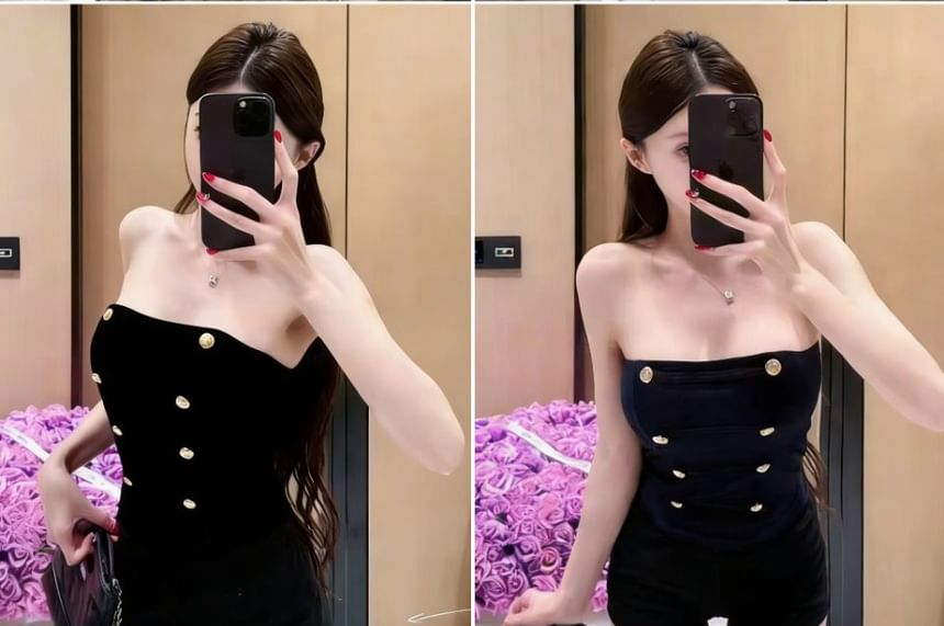 Double-Breasted Plain Crop Tube Top