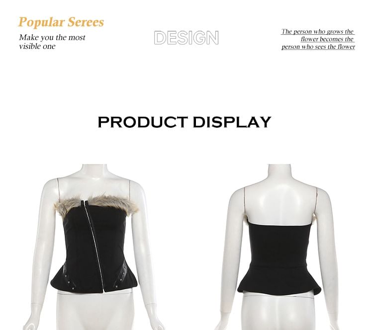 Studded Faux Fur Crop Tube Top with Pencil Skirt and Belt Set