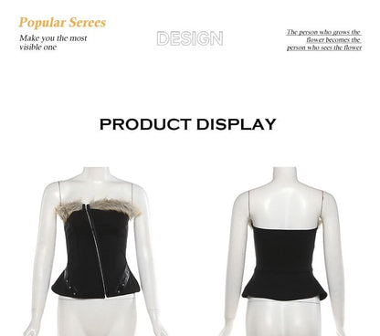 Studded Faux Fur Crop Tube Top with Pencil Skirt and Belt Set