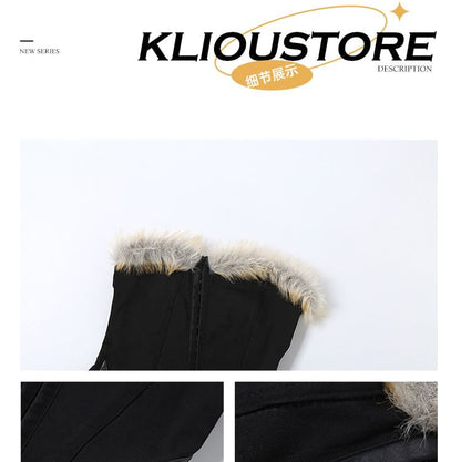 Studded Faux Fur Crop Tube Top with Pencil Skirt and Belt Set