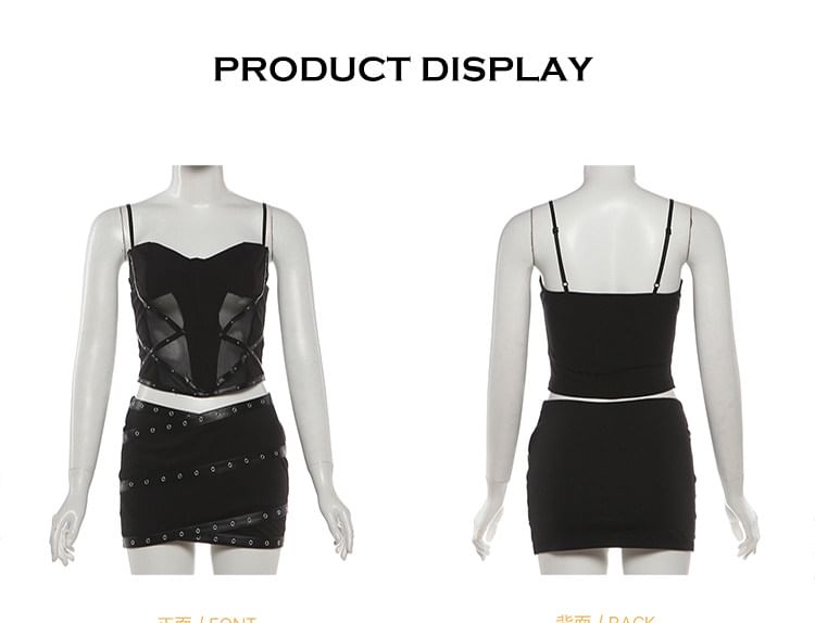 Studded Mesh Camisole & Grommet Mini Skirt Set