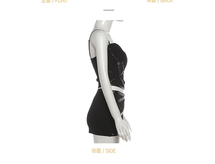 Studded Mesh Camisole & Grommet Mini Skirt Set