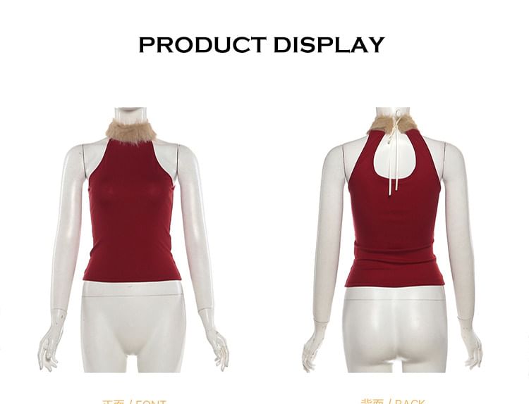 Cutout Panel Fluffy Sleeveless Mock Neck Top
