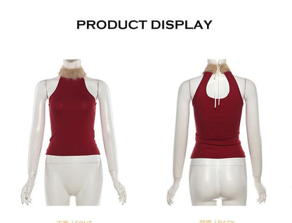 Cutout Panel Fluffy Sleeveless Mock Neck Top