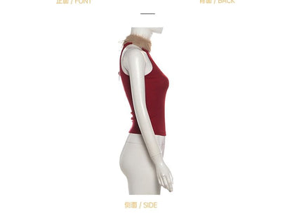 Cutout Panel Fluffy Sleeveless Mock Neck Top